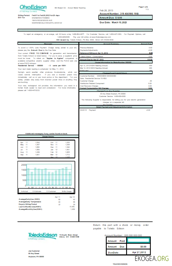 USA OHIO EDISON utility bill Word and PDF template